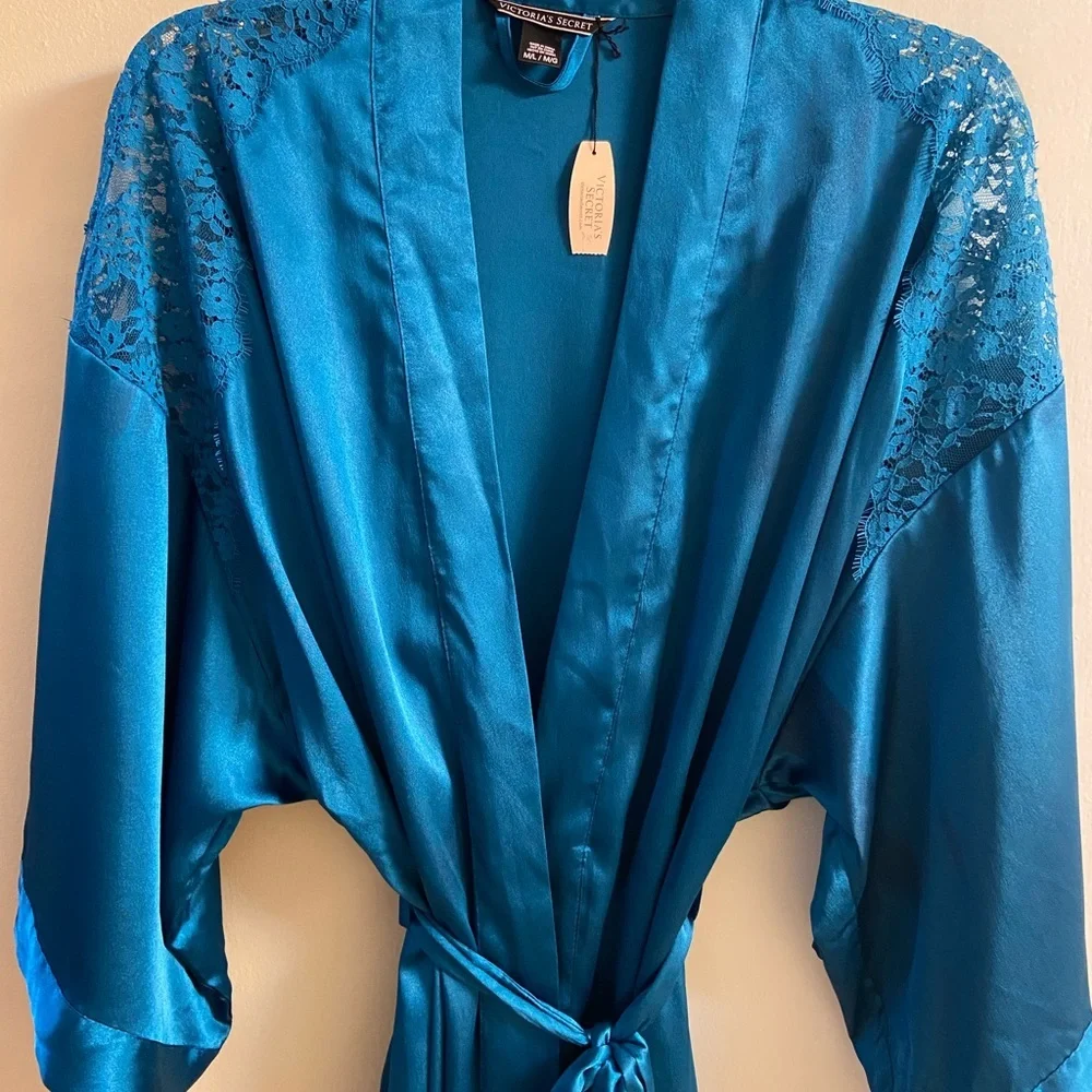 Victoria's Secret Teal Satin Lace-Trim Kimono Robe NWT